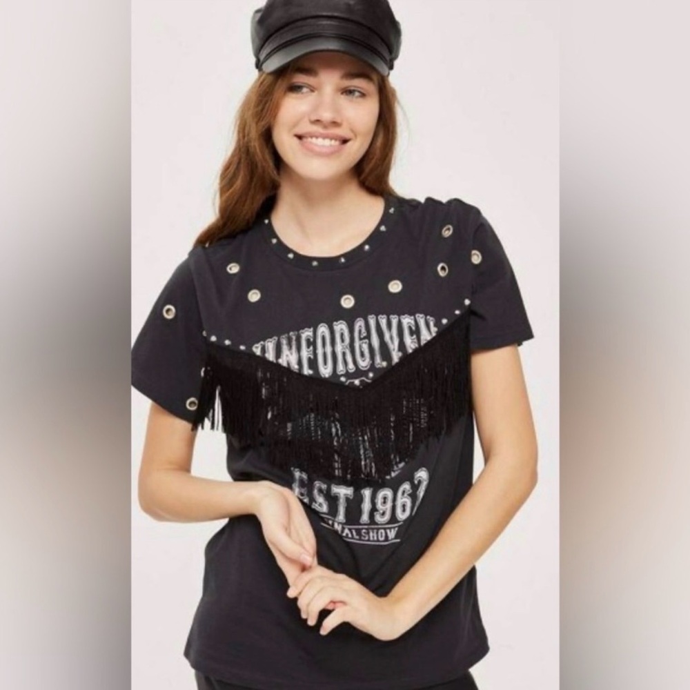 Topshop Unforgiven Studded Motif Fringe Graphic Tee